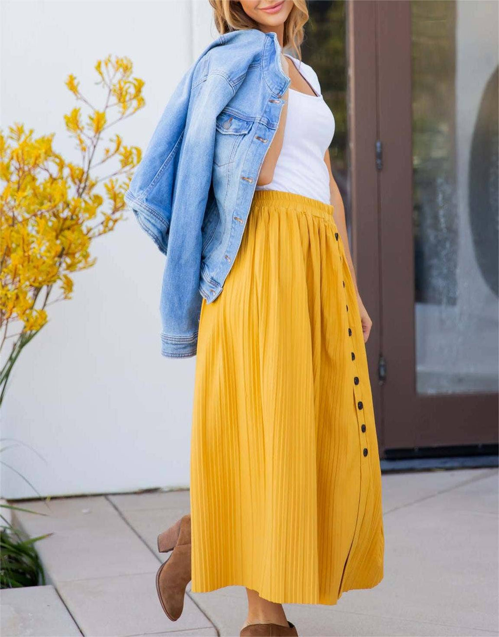 Women's high-waisted solid pleated simple midi A-line skirt