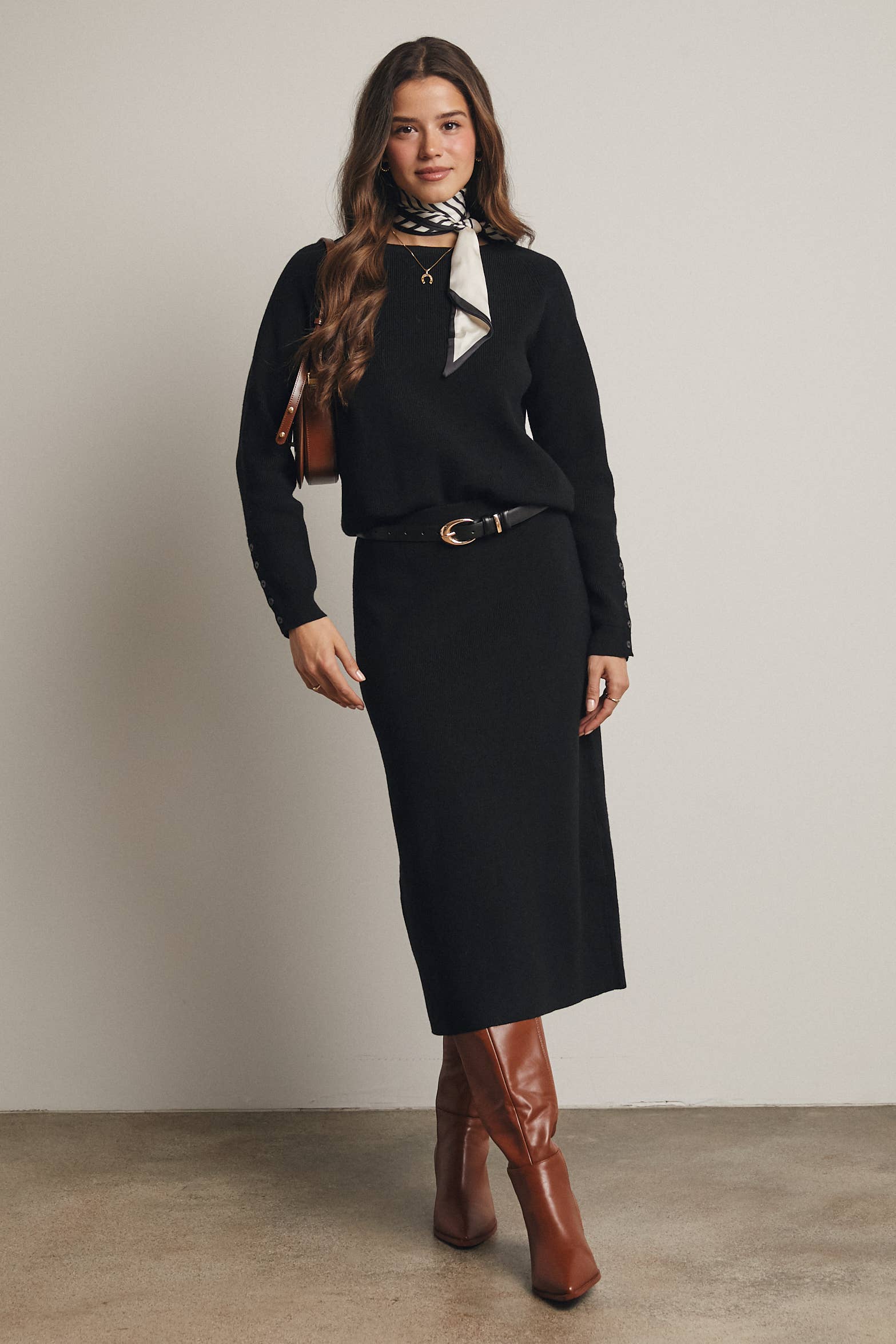 Ribbed Cuff Sweater & Midi Skirt Knit Set FWSET001
