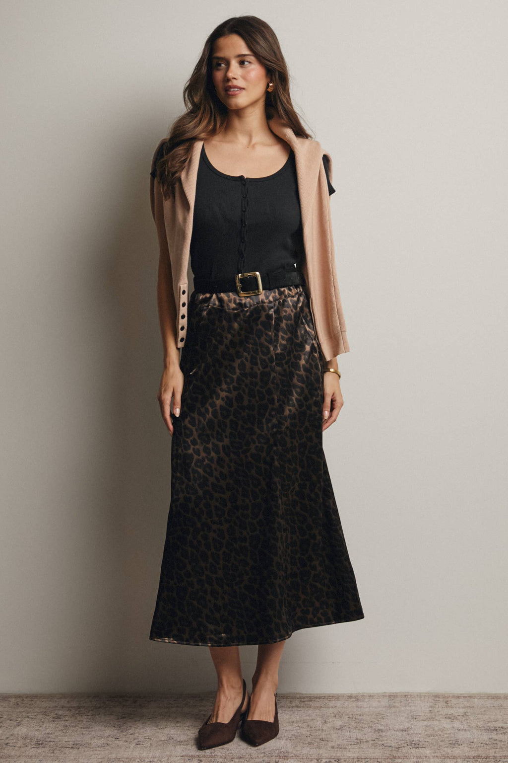 Leopard Print Satin Midi Skirt