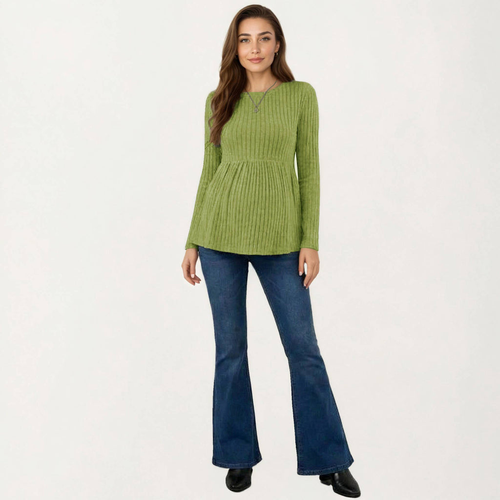 Maternity Long Sleeve Ribbed Knit Top with Crew Neck and Empire Waist