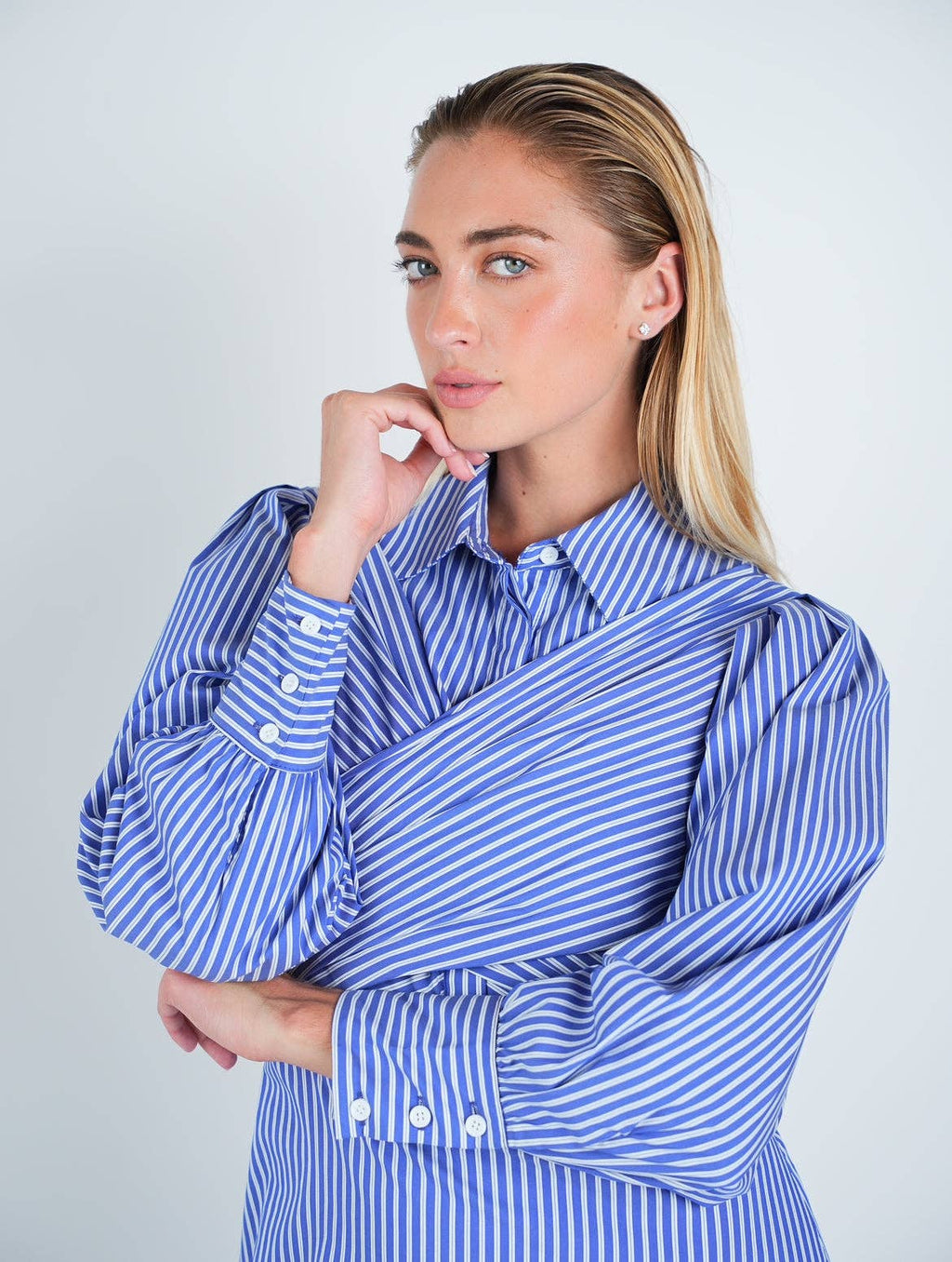Cotton Striped Criss-Cross Midi Shirt Dress