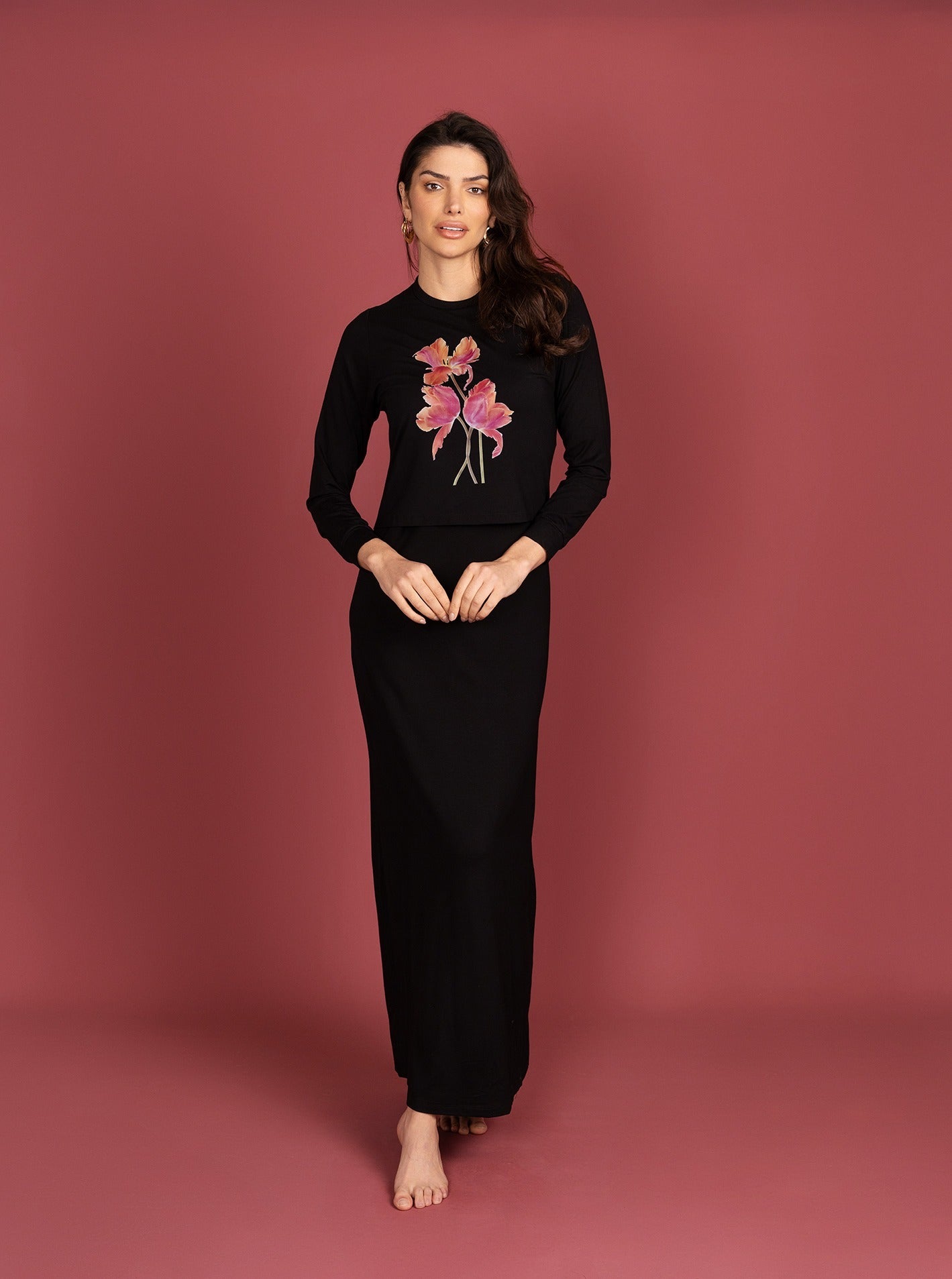 Flower Printed Nursing Nightgown - Black