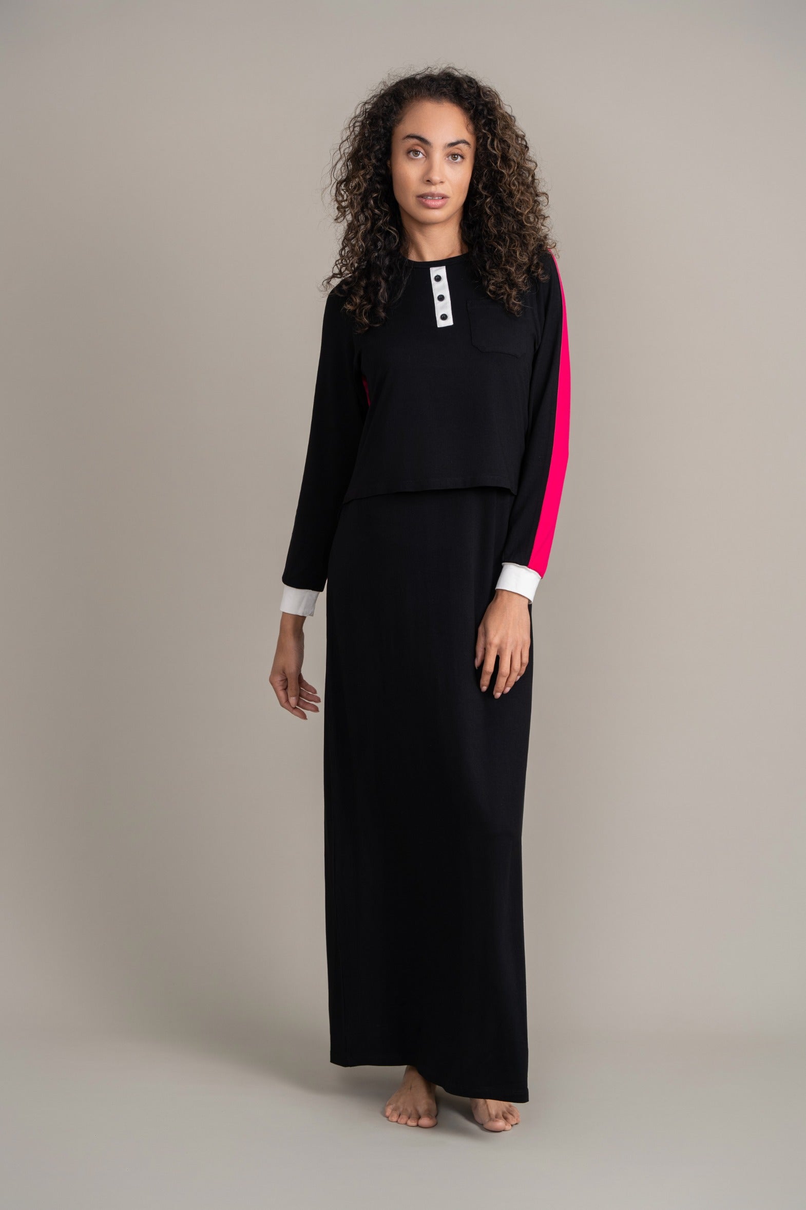 Color Block Nursing Nightgown - Black/Pink
