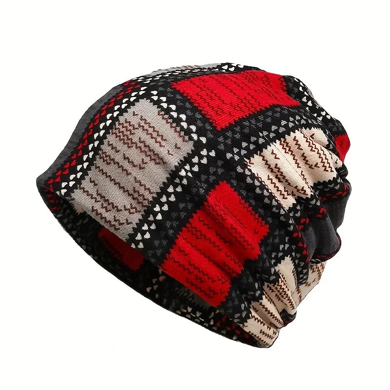 Autumn & Winter Vintage Printed Beanie - Color Block Elastic Slouchy Skull Cap