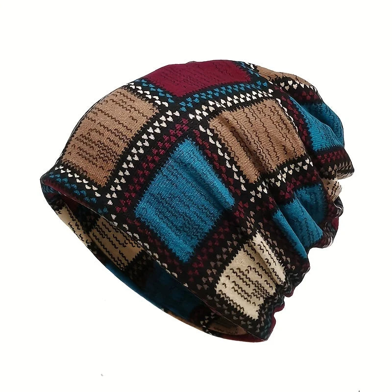 Autumn & Winter Vintage Printed Beanie - Color Block Elastic Slouchy Skull Cap