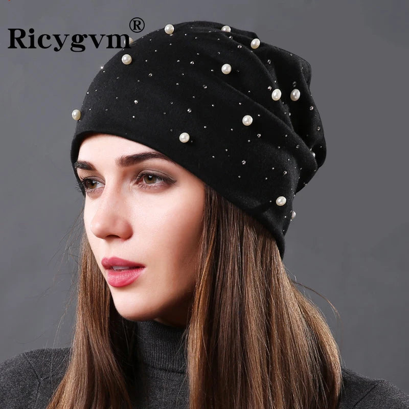 Simulated Pearls Baggy Slouchy Beanies For Women Shiny Rhinestones
