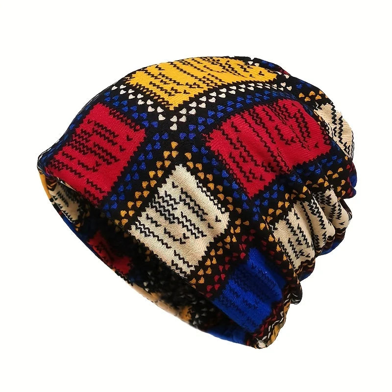 Autumn & Winter Vintage Printed Beanie - Color Block Elastic Slouchy Skull Cap