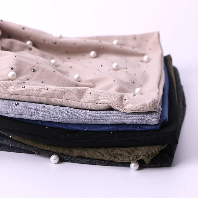 Simulated Pearls Baggy Slouchy Beanies For Women Shiny Rhinestones