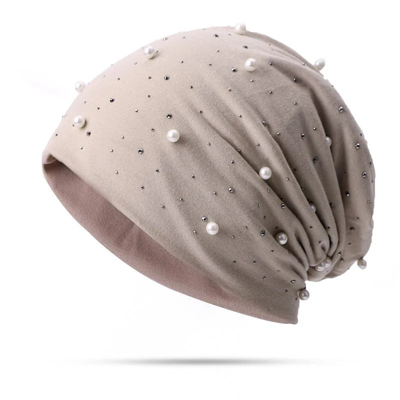 Simulated Pearls Baggy Slouchy Beanies For Women Shiny Rhinestones