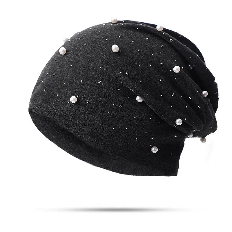 Simulated Pearls Baggy Slouchy Beanies For Women Shiny Rhinestones
