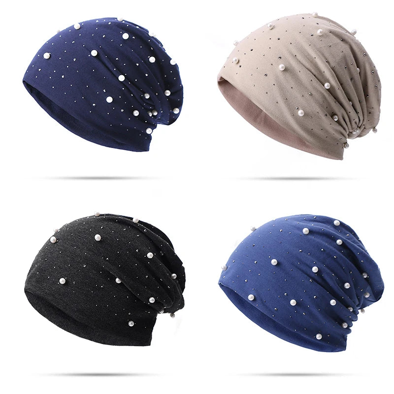 Simulated Pearls Baggy Slouchy Beanies For Women Shiny Rhinestones