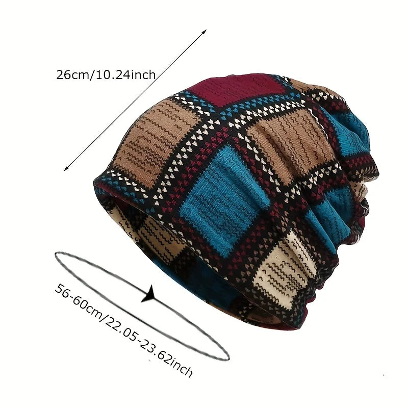 Autumn & Winter Vintage Printed Beanie - Color Block Elastic Slouchy Skull Cap