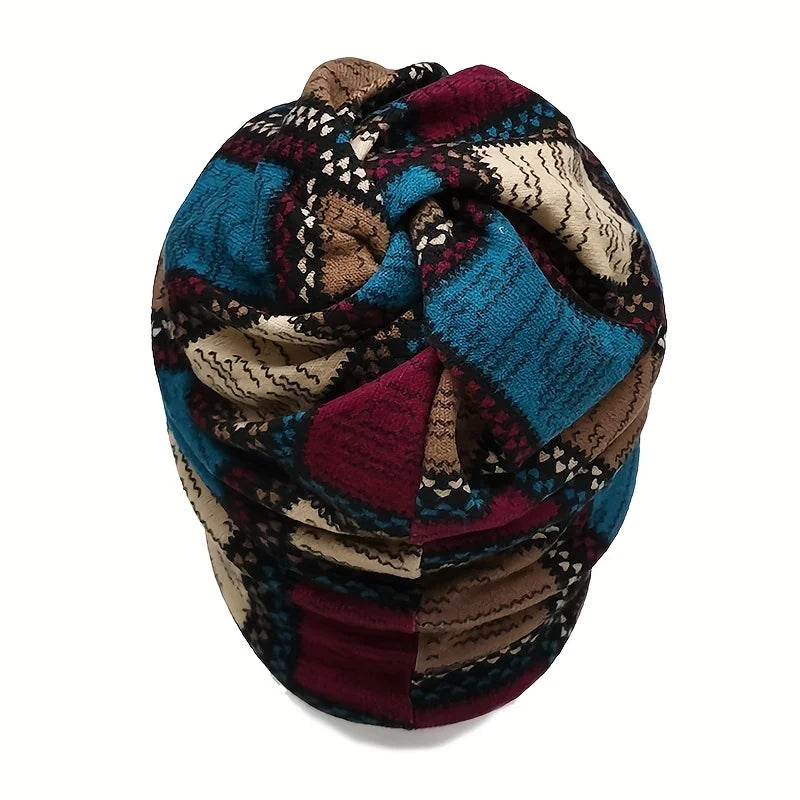 Autumn & Winter Vintage Printed Beanie - Color Block Elastic Slouchy Skull Cap