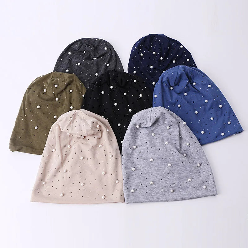 Simulated Pearls Baggy Slouchy Beanies For Women Shiny Rhinestones