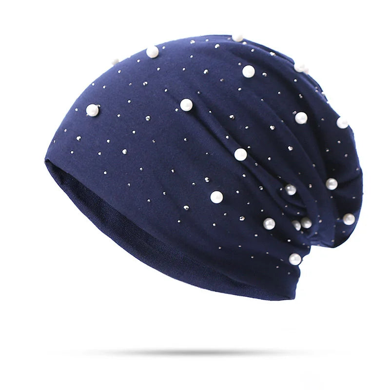 Simulated Pearls Baggy Slouchy Beanies For Women Shiny Rhinestones