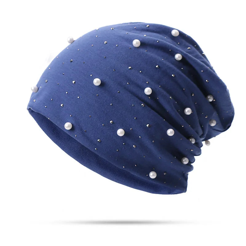 Simulated Pearls Baggy Slouchy Beanies For Women Shiny Rhinestones