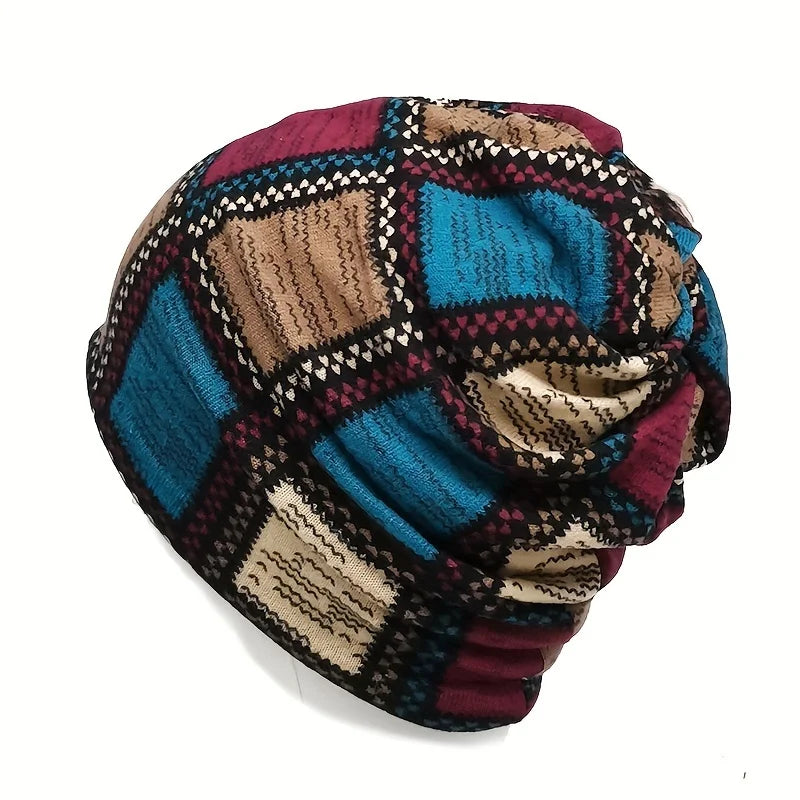 Autumn & Winter Vintage Printed Beanie - Color Block Elastic Slouchy Skull Cap