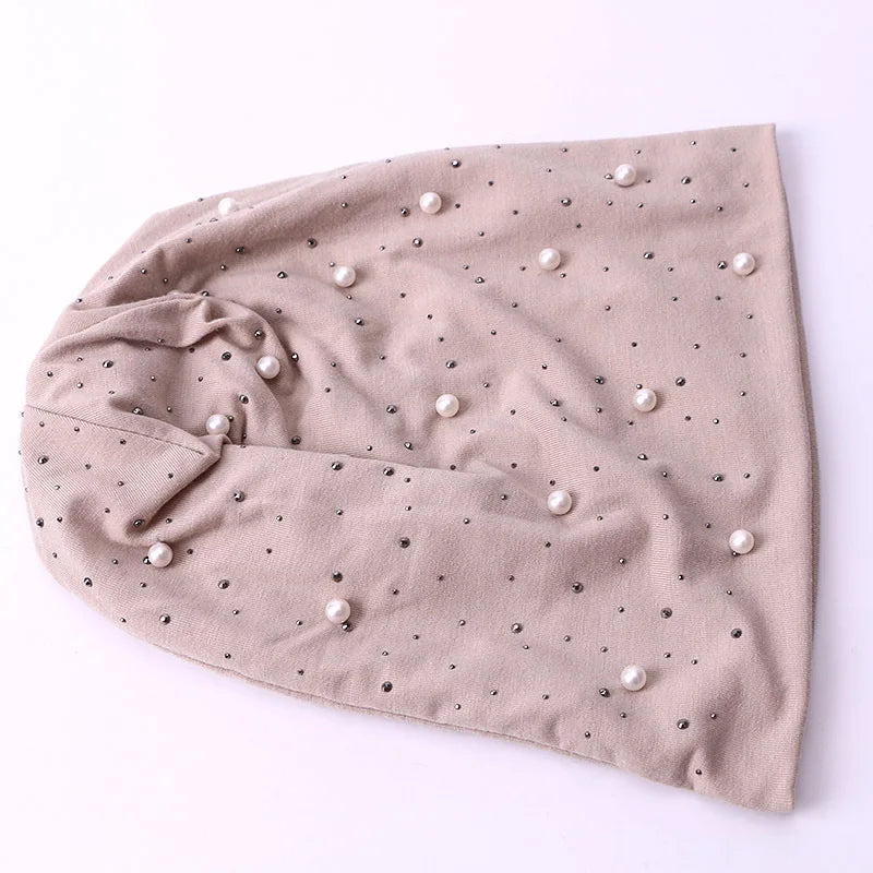Simulated Pearls Baggy Slouchy Beanies For Women Shiny Rhinestones