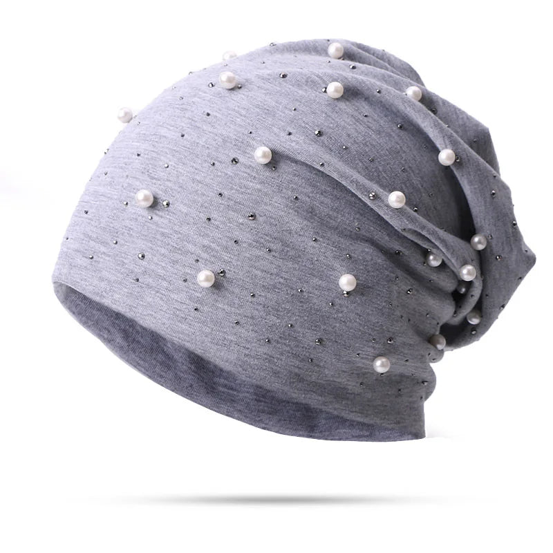 Simulated Pearls Baggy Slouchy Beanies For Women Shiny Rhinestones