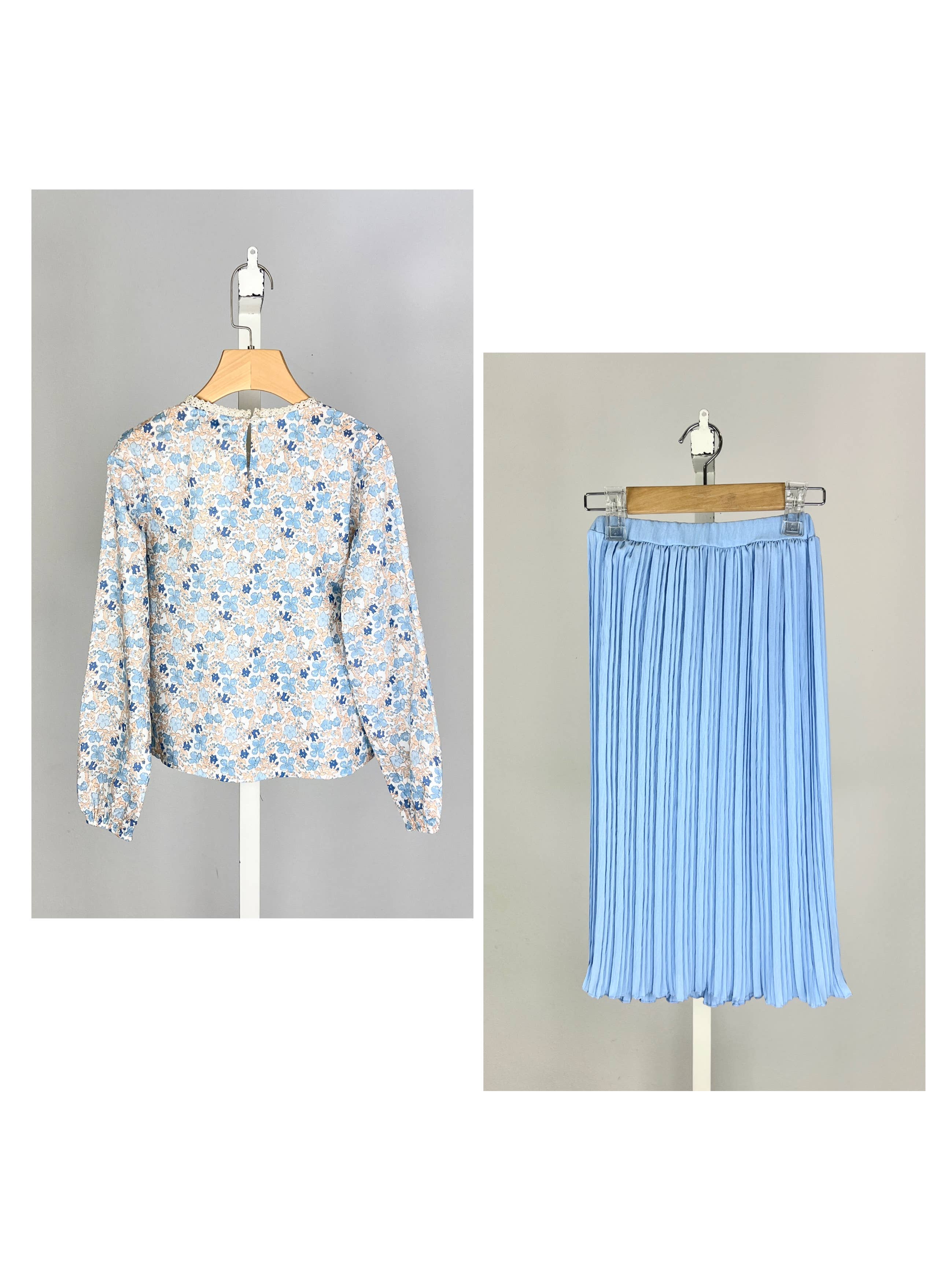 Floral cotton top and pleated skirt set for girl