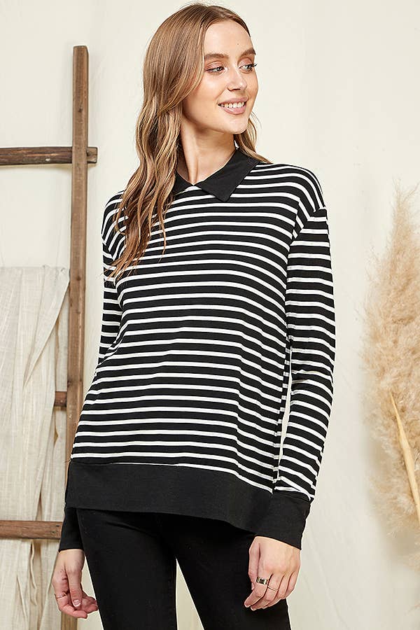 CAY1242LS - STRIPE SWEATSHIRT TOP WITH COLLAR