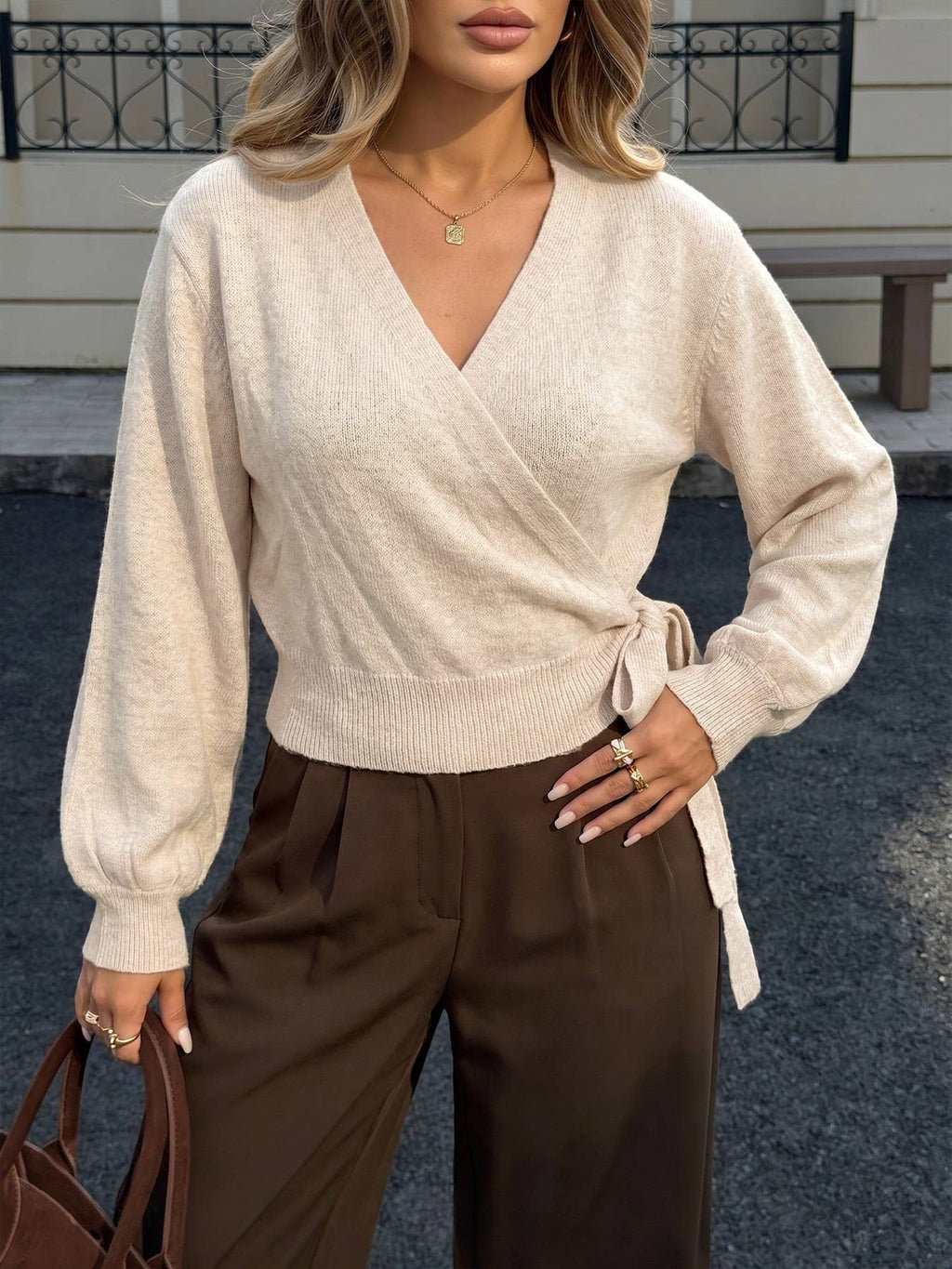 Wrap V Neck Self Tie Knit Top Cross Front Knit Sweater