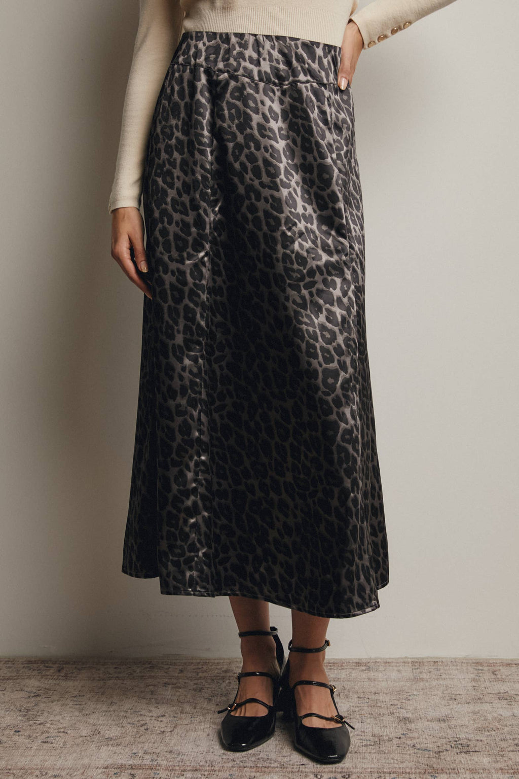 Leopard Print Satin Midi Skirt
