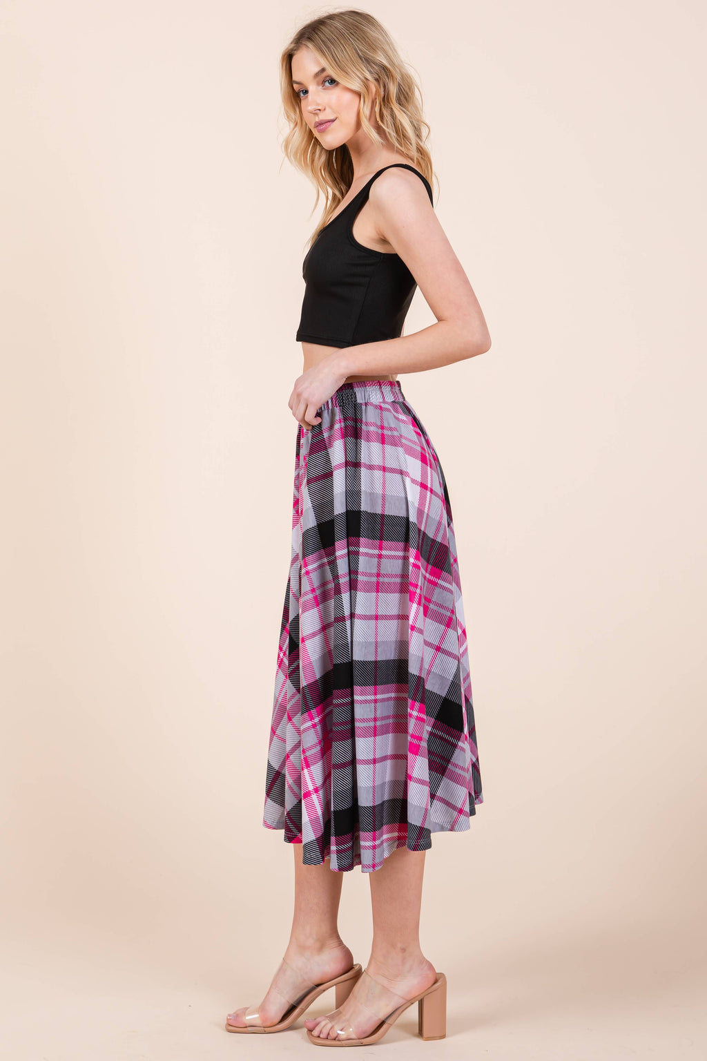 ETS-423AB Plaid T/R Span Midi Skirt