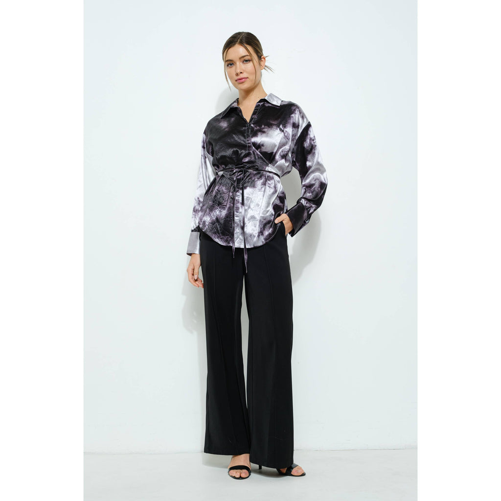Long Sleeve Tie Dye Print Wrap Detail Blouse Top
