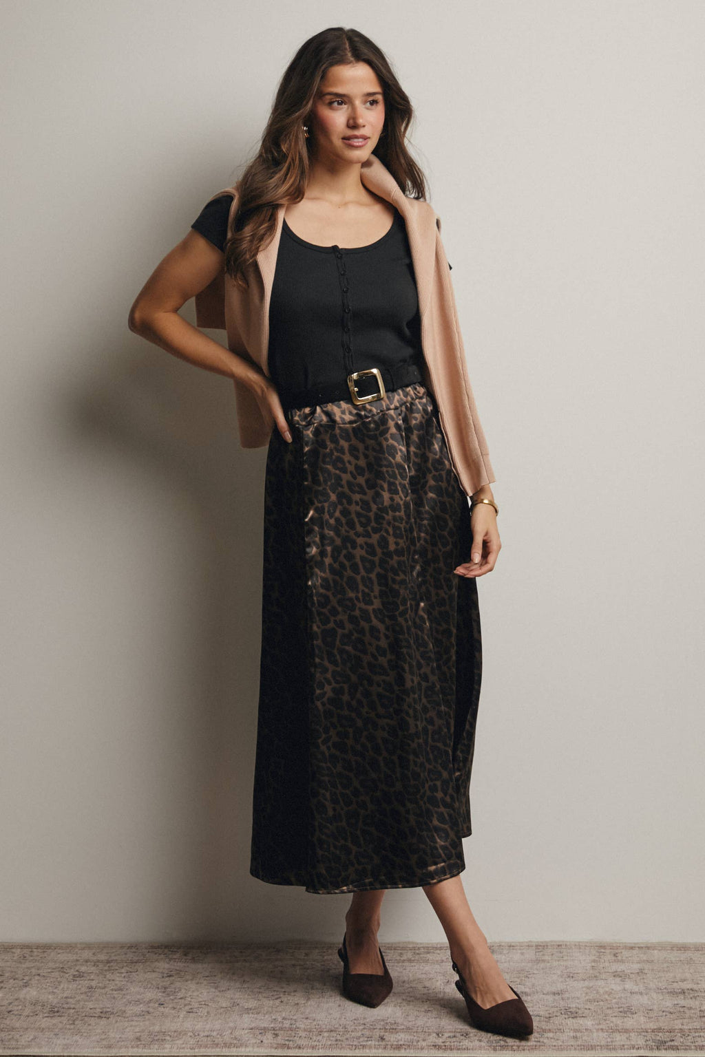 Leopard Print Satin Midi Skirt