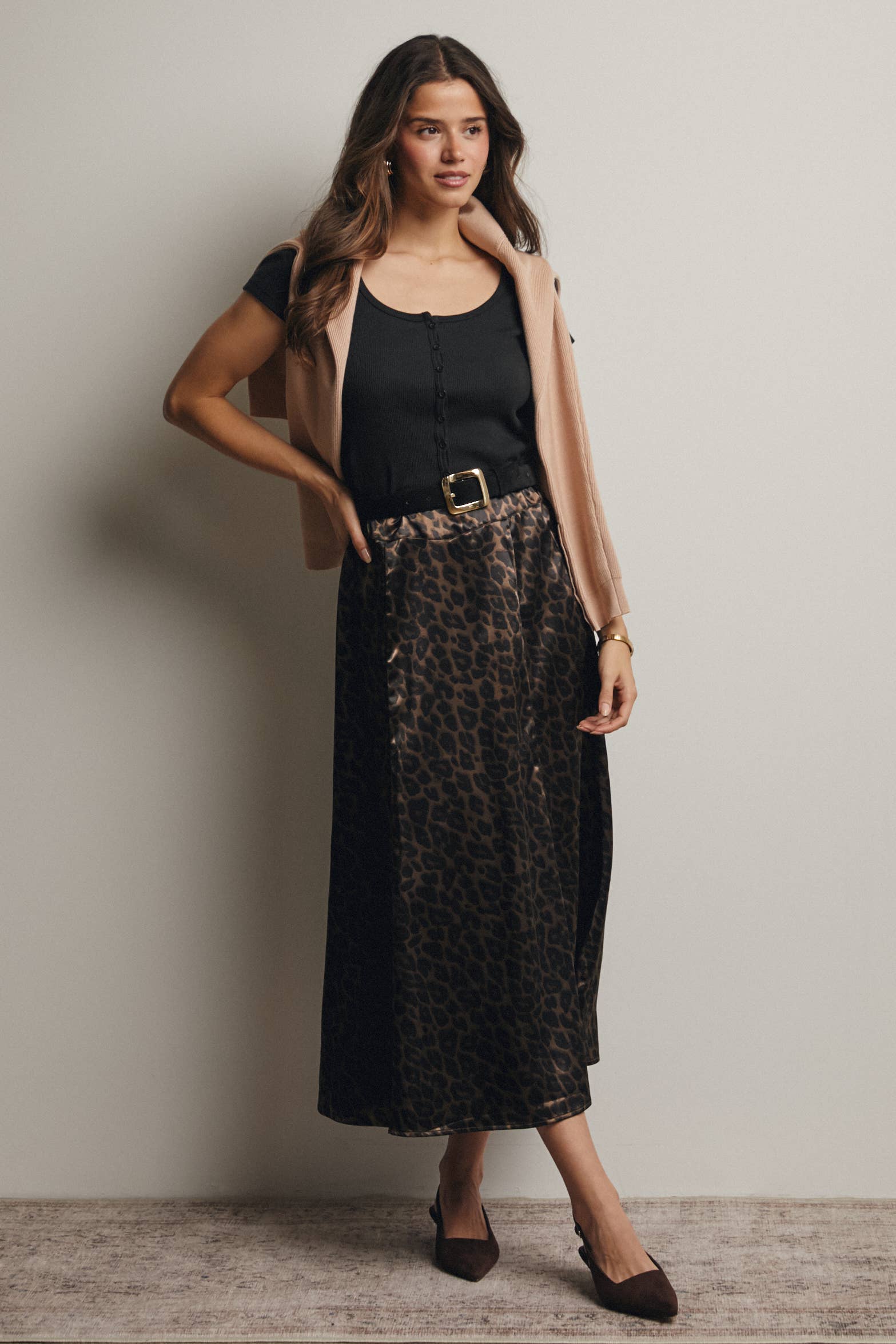 Leopard Print Satin Midi Skirt