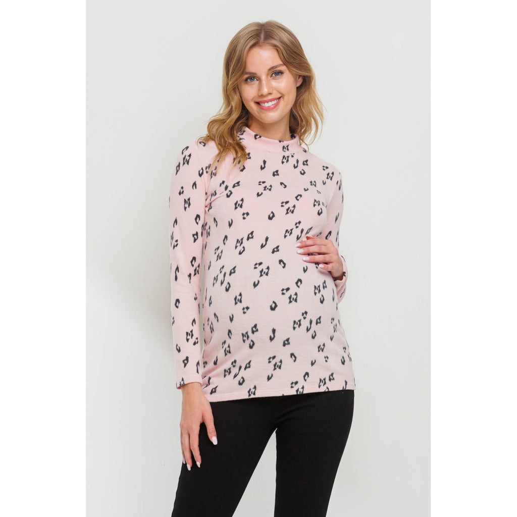 Animal Print Mock Neck Long Sleeve Maternity Top
