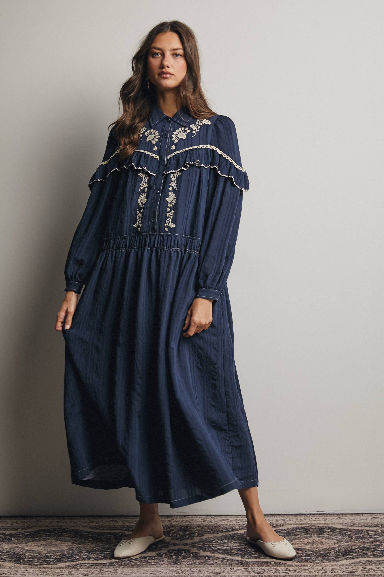 Embroidered Ruffle Trim Maxi Dress FD0018