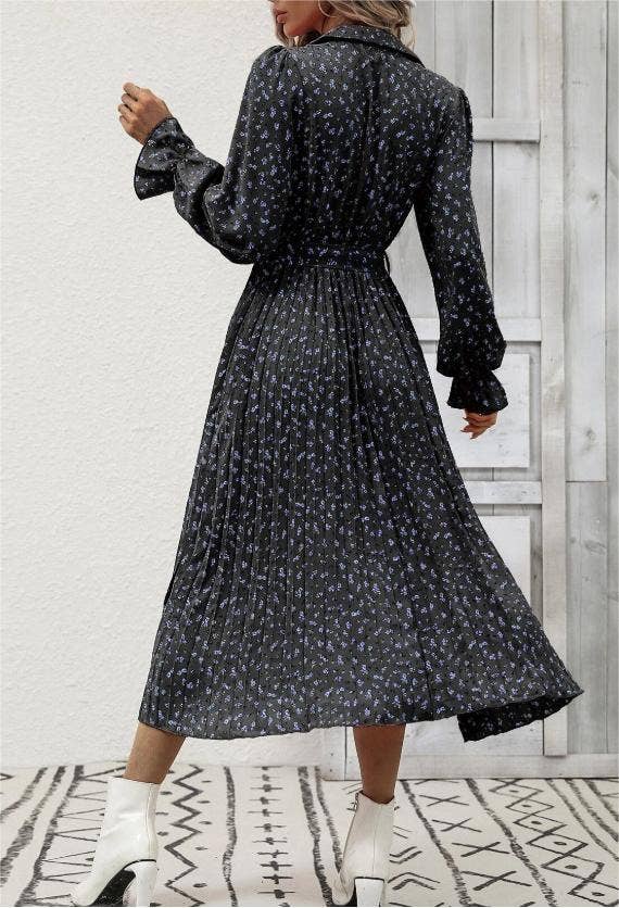 Fashionable pleated floral print long-sleeves dress