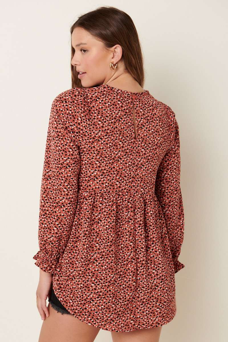 ABSTRACT PRINT RUFFLE MOCK NECK BLOUSE