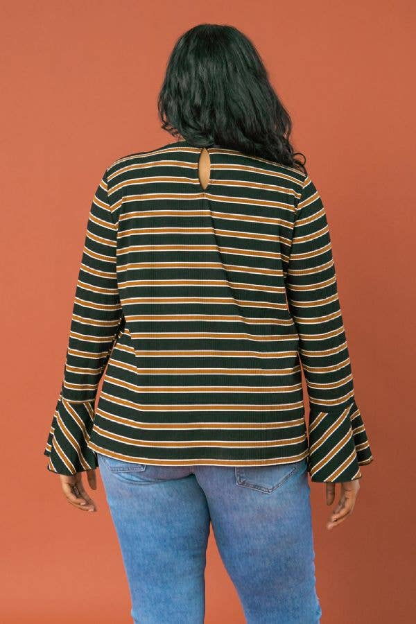 A PLUS SIZE STRIPE RUFFLE SLEEVE TOP-ATP1531-KN