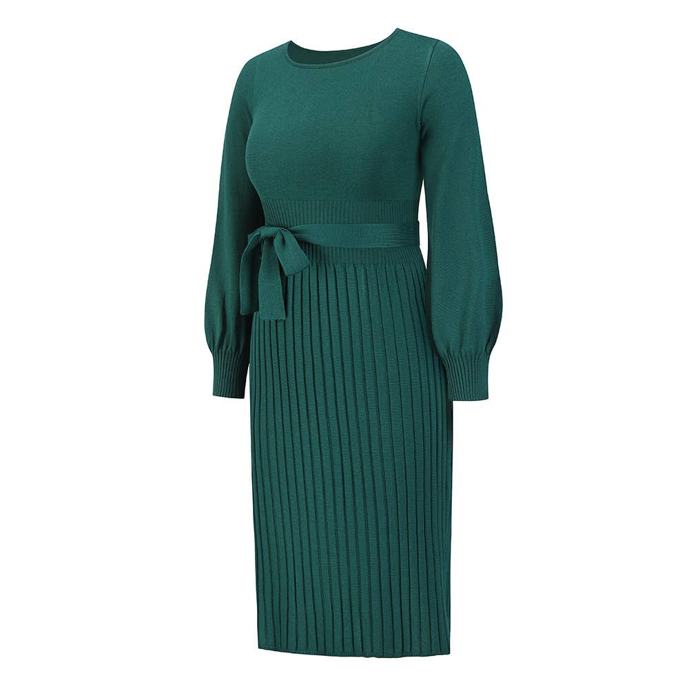 Round-Neck Pleated Midi Sweater Knit Dress