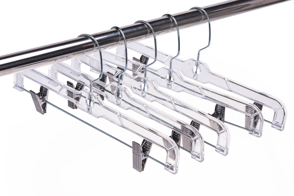 P022 Clear Crystal Plastic Skirt Hanger with Clips 100 pc