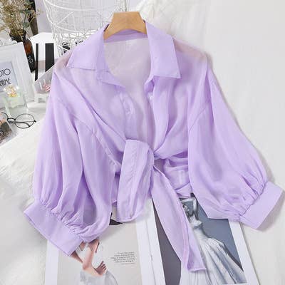 Bat Wing Cropped Casual Chiffon Women Solid Color Shirt