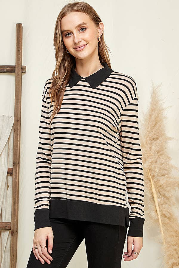 CAY1242LS - STRIPE SWEATSHIRT TOP WITH COLLAR