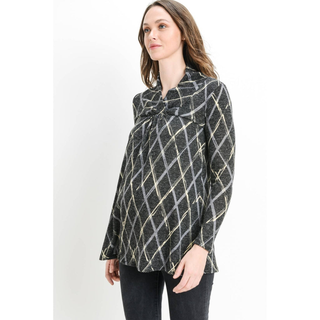 Plaid Shawl Collar Maternity Knit Tunic Sweater