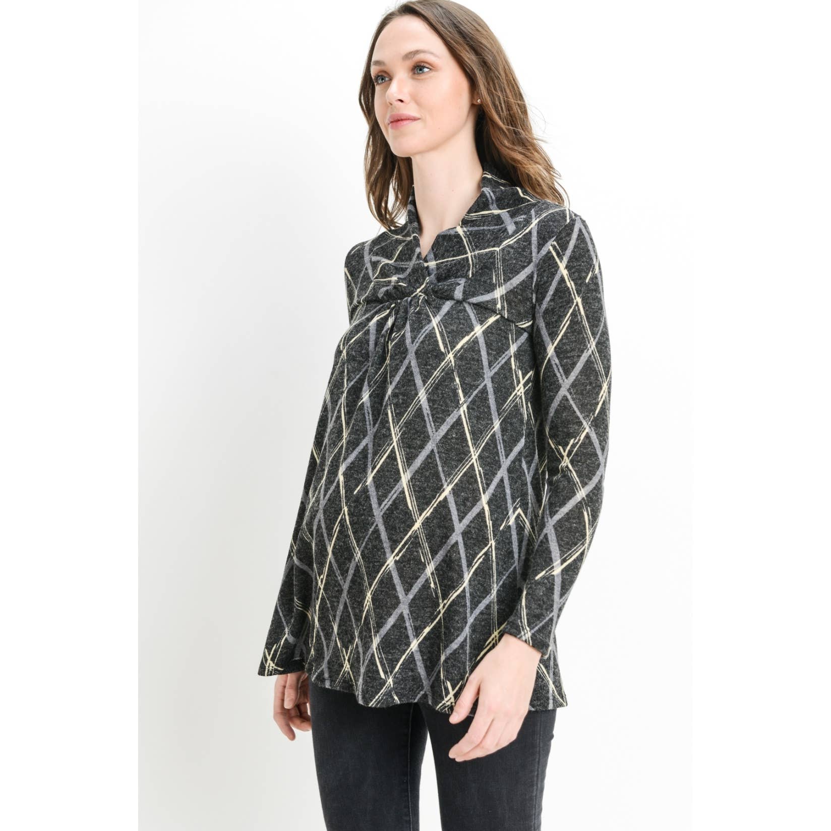 Plaid Shawl Collar Maternity Knit Tunic Sweater