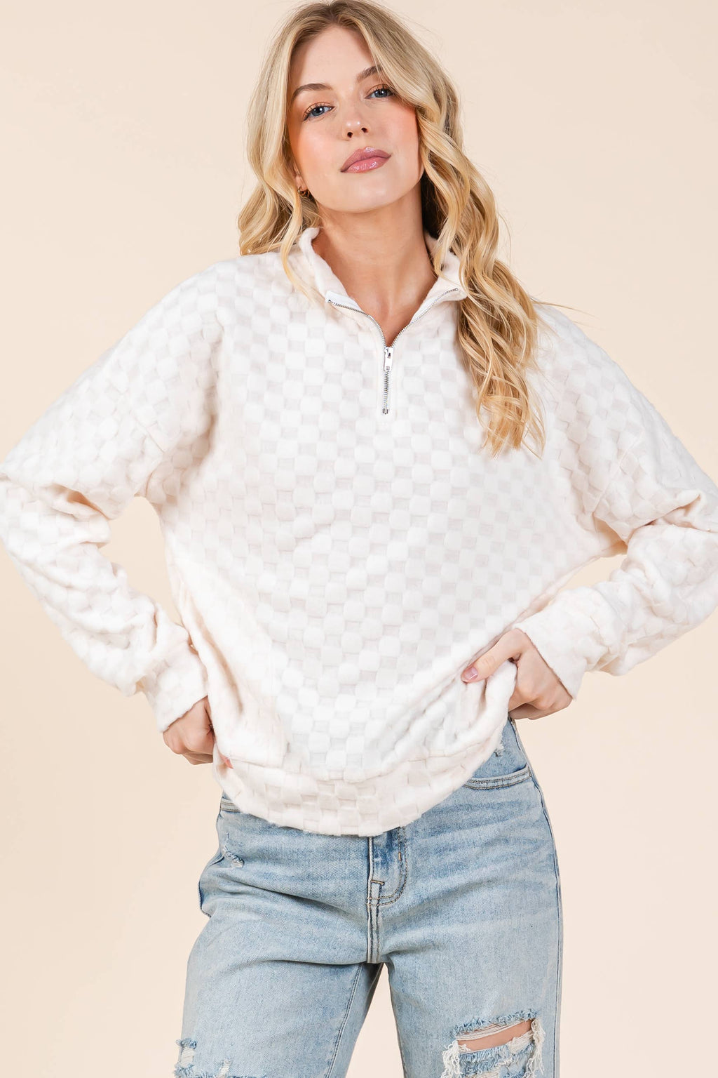 FUZZY CHECKERED 1/4 ZIP TOP