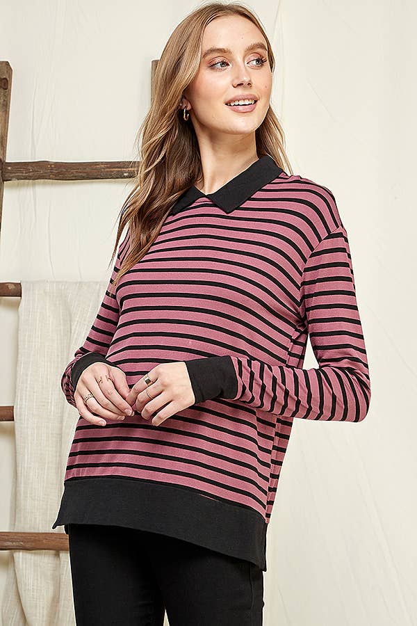 CAY1242LS - STRIPE SWEATSHIRT TOP WITH COLLAR