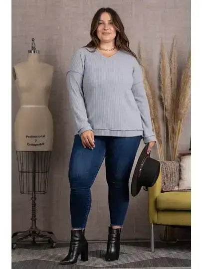 STEEL RIBBED KNIT LONG SLEEVES PLUS SIZE TOP-M5044P