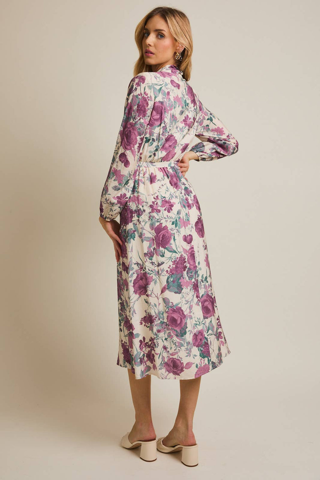 FRONT BOW TIE LONG SLEEVE FLORAL PRINT MIDI DRESS