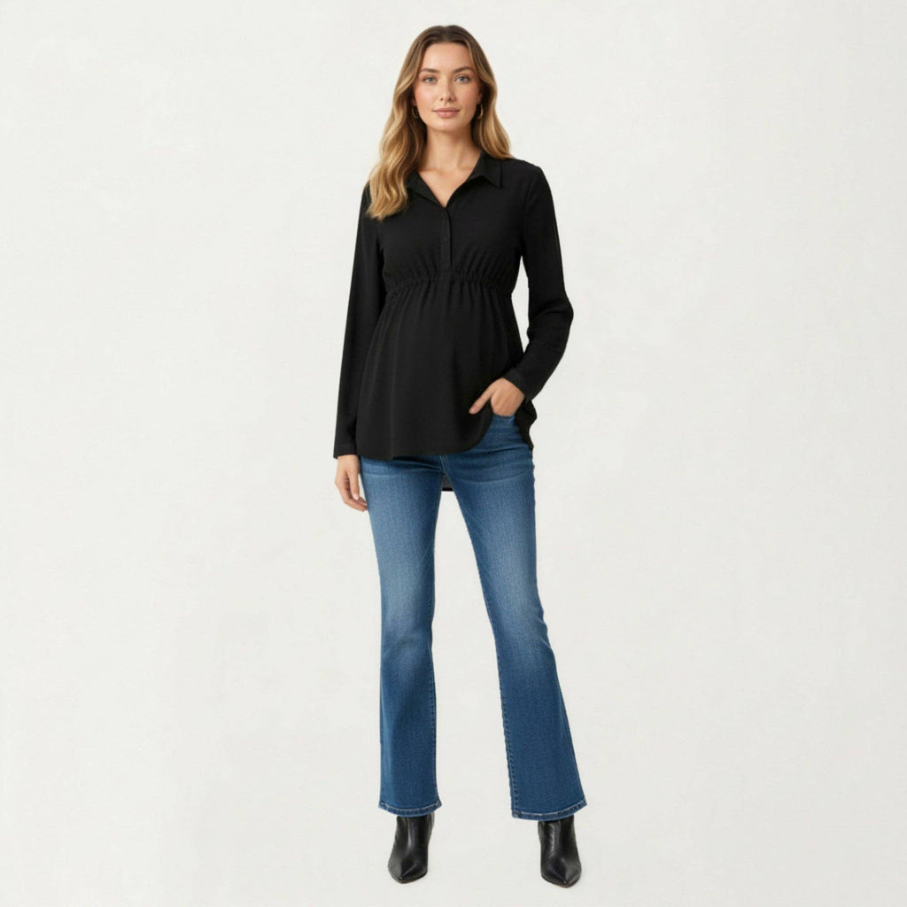 Maternity Long Sleeve Top with Collared Neckline Elastic Emp