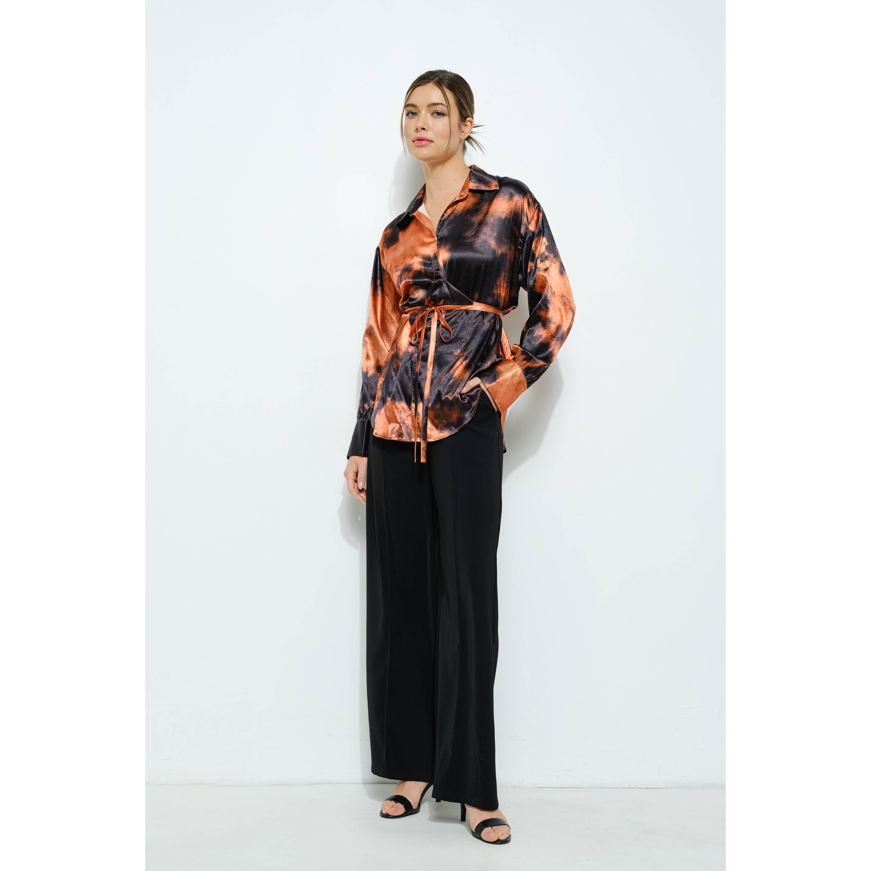 Long Sleeve Tie Dye Print Wrap Detail Blouse Top