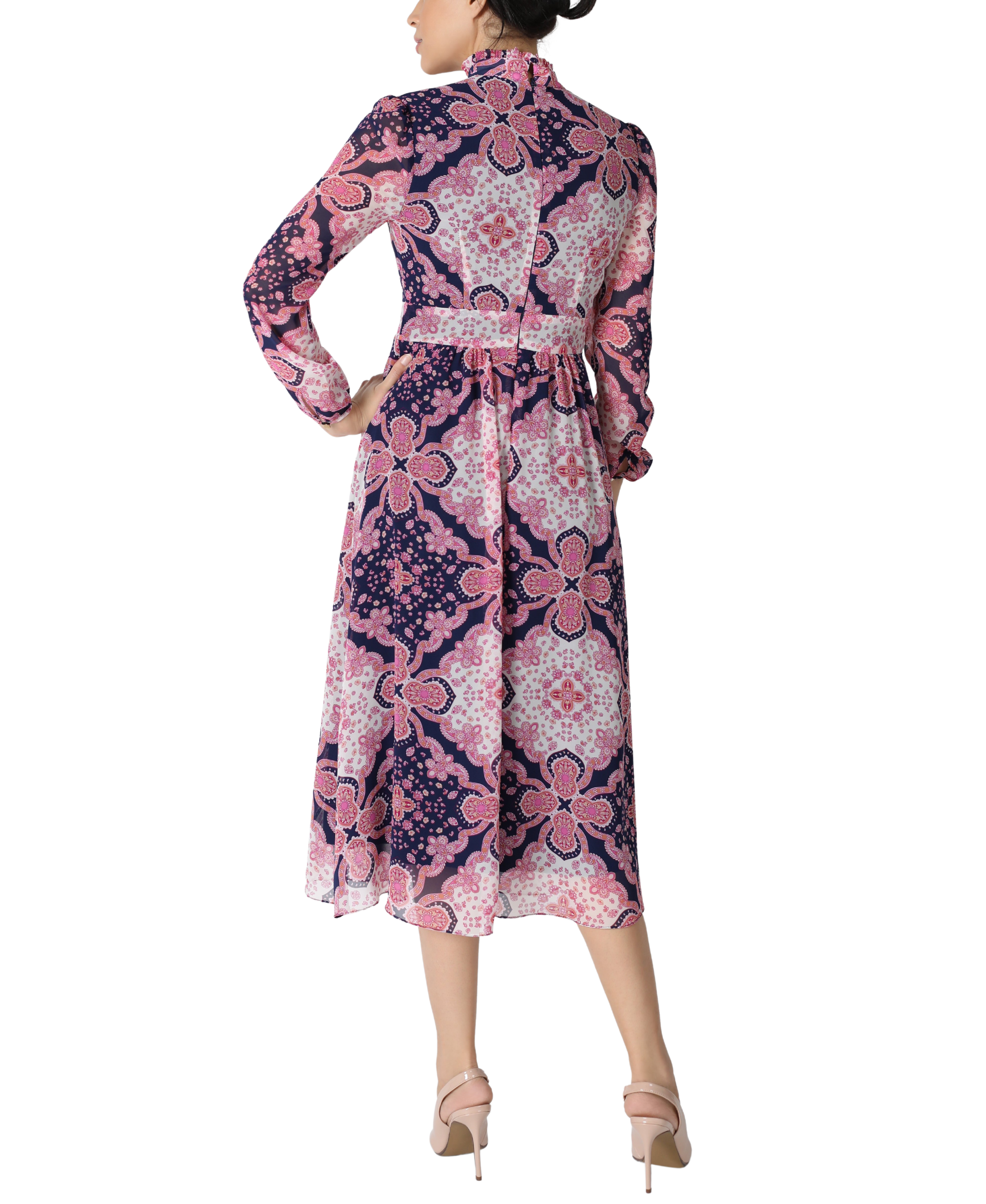 Mock Neck Long Sleeve Printed Chiffon Midi