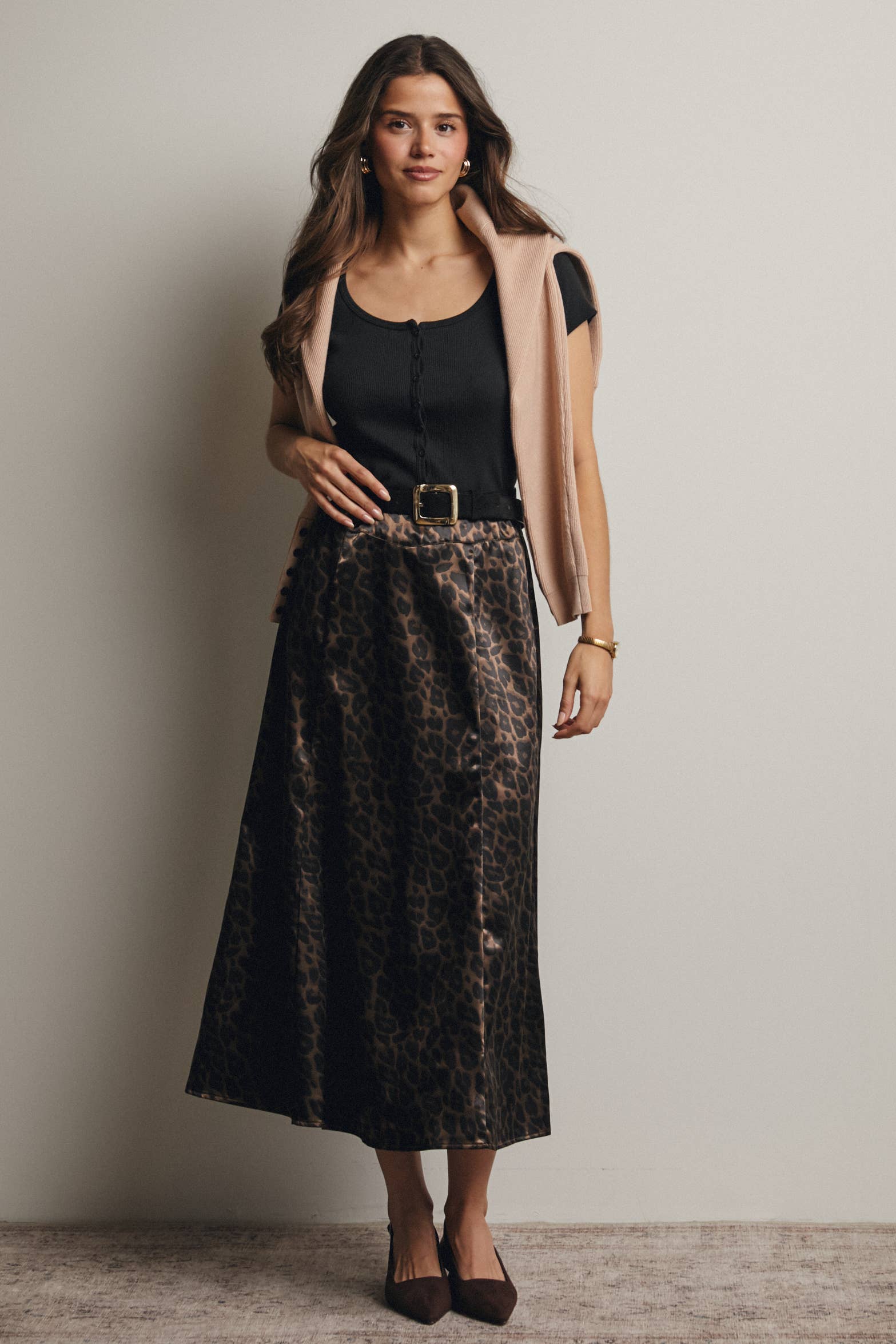 Leopard Print Satin Midi Skirt